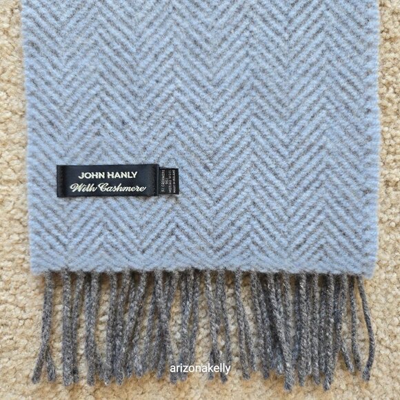 John Hanly Merino Wool & Cashmere Herringbone Scarf Grey Blue Thick Ireland - Picture 2 of 13